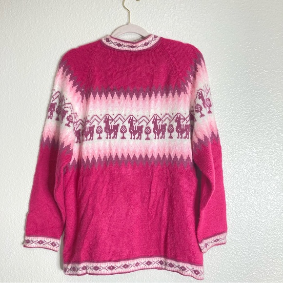 Alpaca Connection Pink Llama Fair Isle  Full Zip Cardigan Sweater M Alpaca Wool - Picture 7 of 11